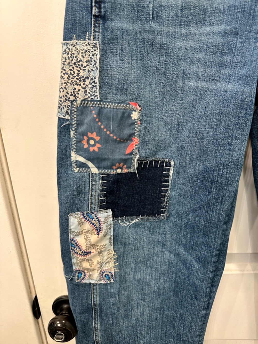 Pilcro Wide Leg Patchwork Jeans in Dark Blue with Multicolor Patches - Picture 5 of 9